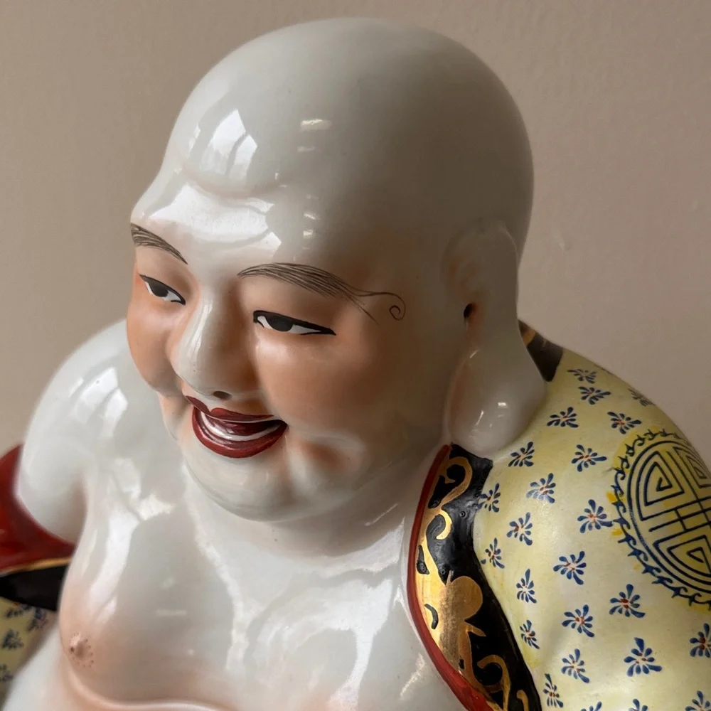 Vintage Hand-Painted Porcelain Laughing Buddha Statue in White and Multicolor - Picture 6 of 14